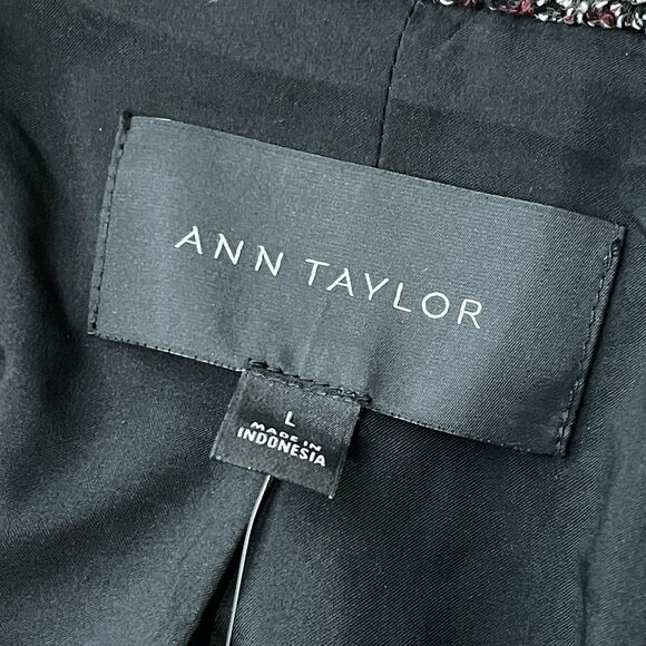 ANN TAYLOR Tweed Moto Jacket Blazer Large Maroon NEW Metallic Thread Career Work - Picture 4 of 8